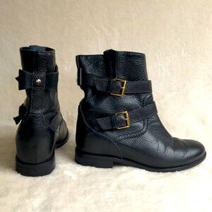 Kate Spade Black Combat & Moto Hidden Wedge Boots with Gold Buckles